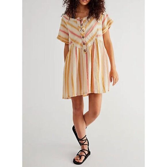 Free People Claire Women Stripped Cotton Mini Dress With Pockets Size XS - Picture 1 of 14